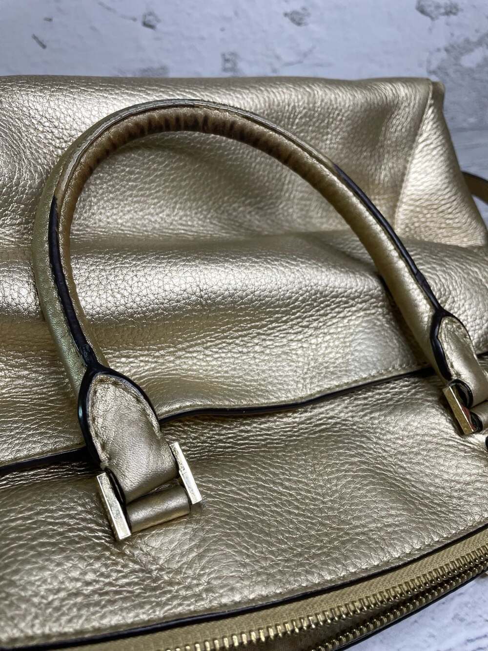 Michael Kors Riley Large Gold Metallic Pebbled Leather Satchel Crossbody Bag - Picture 2 of 6